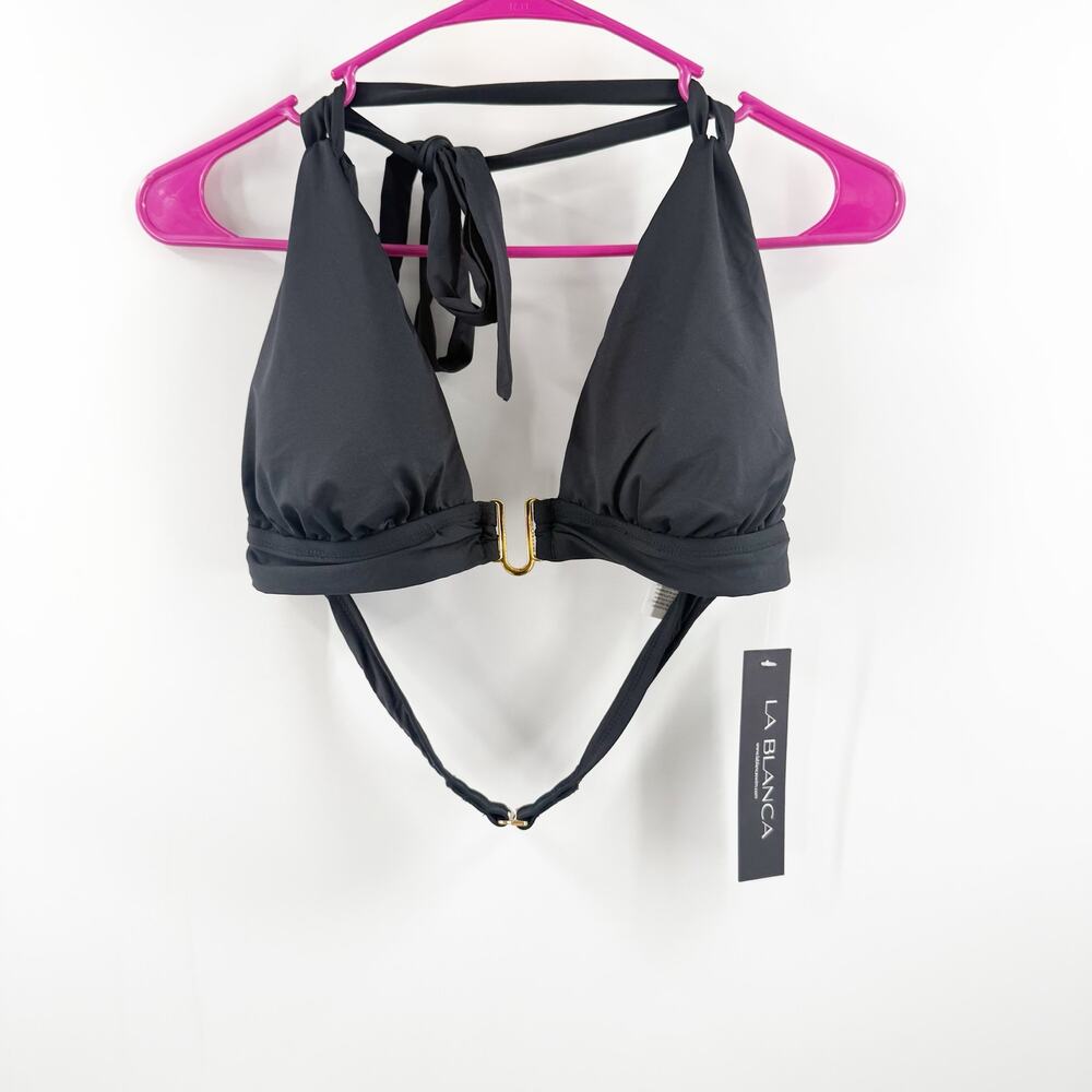 La Blanca Halter Bikini Top Size 14 Black U Gold Hardware Tie Neck NWT Swim